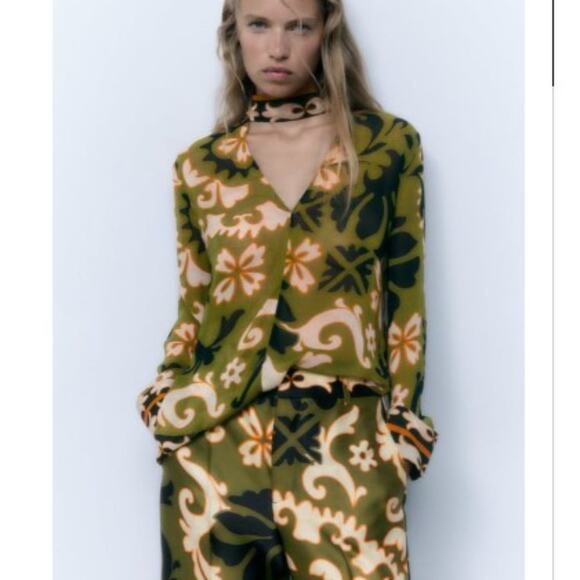Zara Olive Green Printed Long Sleeve Top Neck Tie with Beading Size Small - Picture 1 of 12